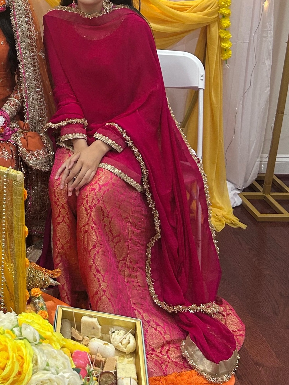Pakistani Women's Pink and Gold Embroidered Sharara and Kameez